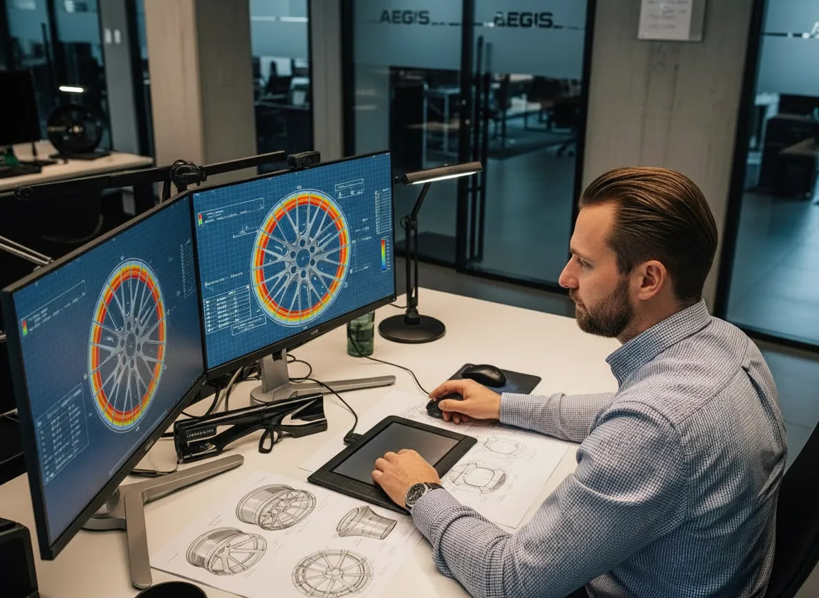 AEGIS RIM engineer conducting finite element analysis FEA and stress testing on custom forged wheel design using advanced CAD software at Grand Prairie Texas facility