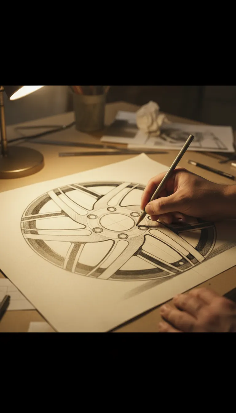 Hand-drawn sketch of custom forged wheel design with safety-focused rim contours for AEGIS RIM bespoke engineering concept presentation Grand Prairie Texas