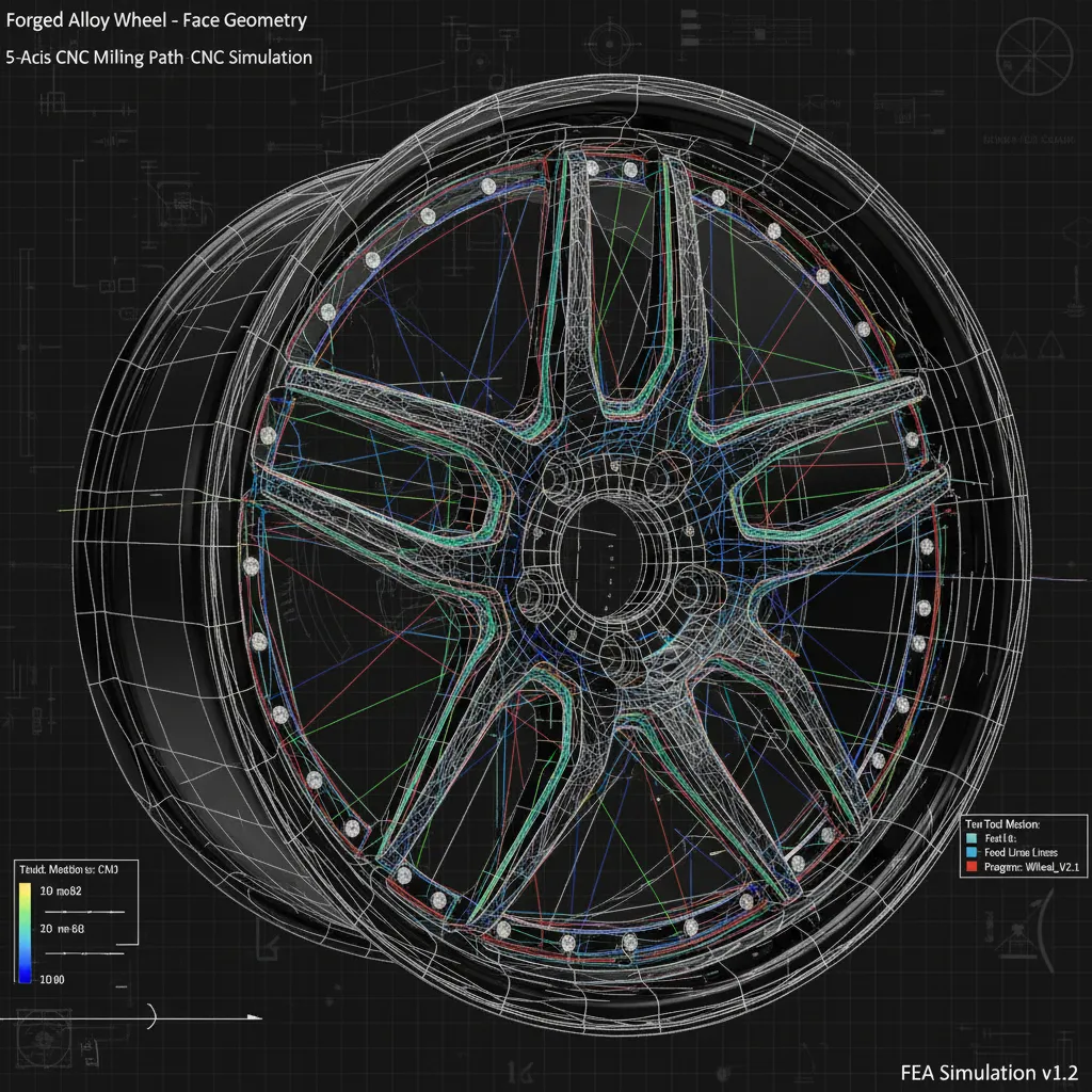 Custom forged wheel CNC machining process showing multi-axis precision manufacturing path for bespoke aluminum wheels at AEGIS RIM Grand Prairie Texas facility