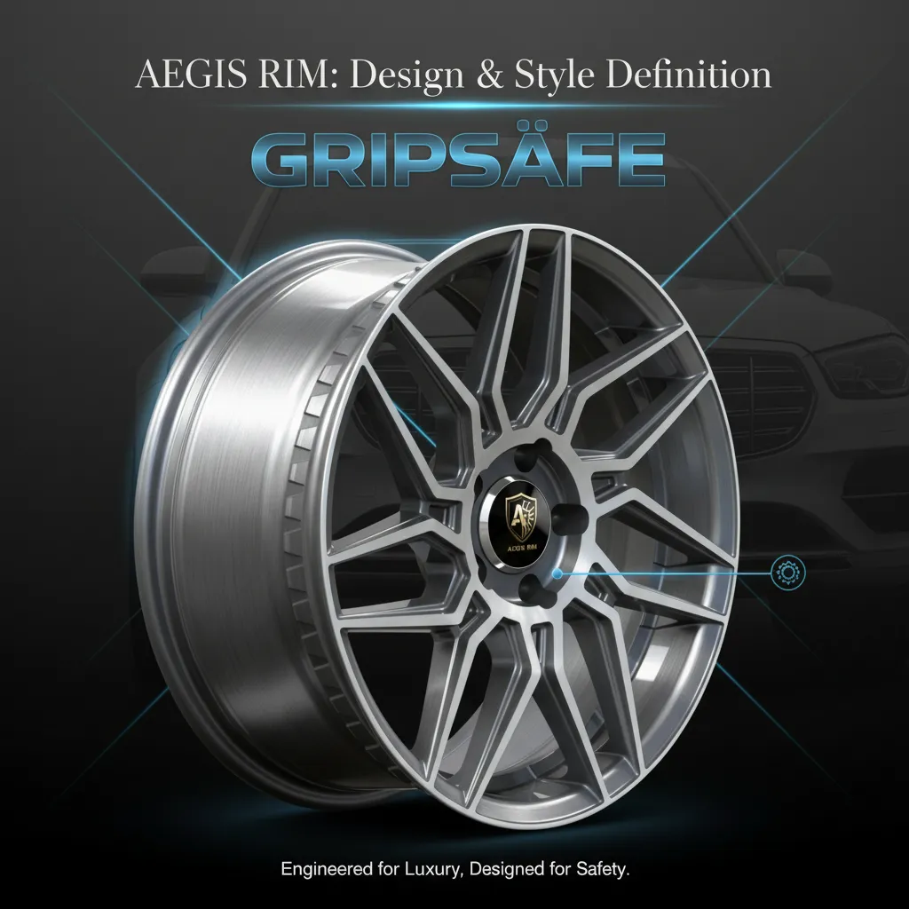 Full technical diagram illustrating GRIPSAFE anti-blowout safety architecture integrated into AEGIS RIM's forged wheel design with structural reinforcement zones