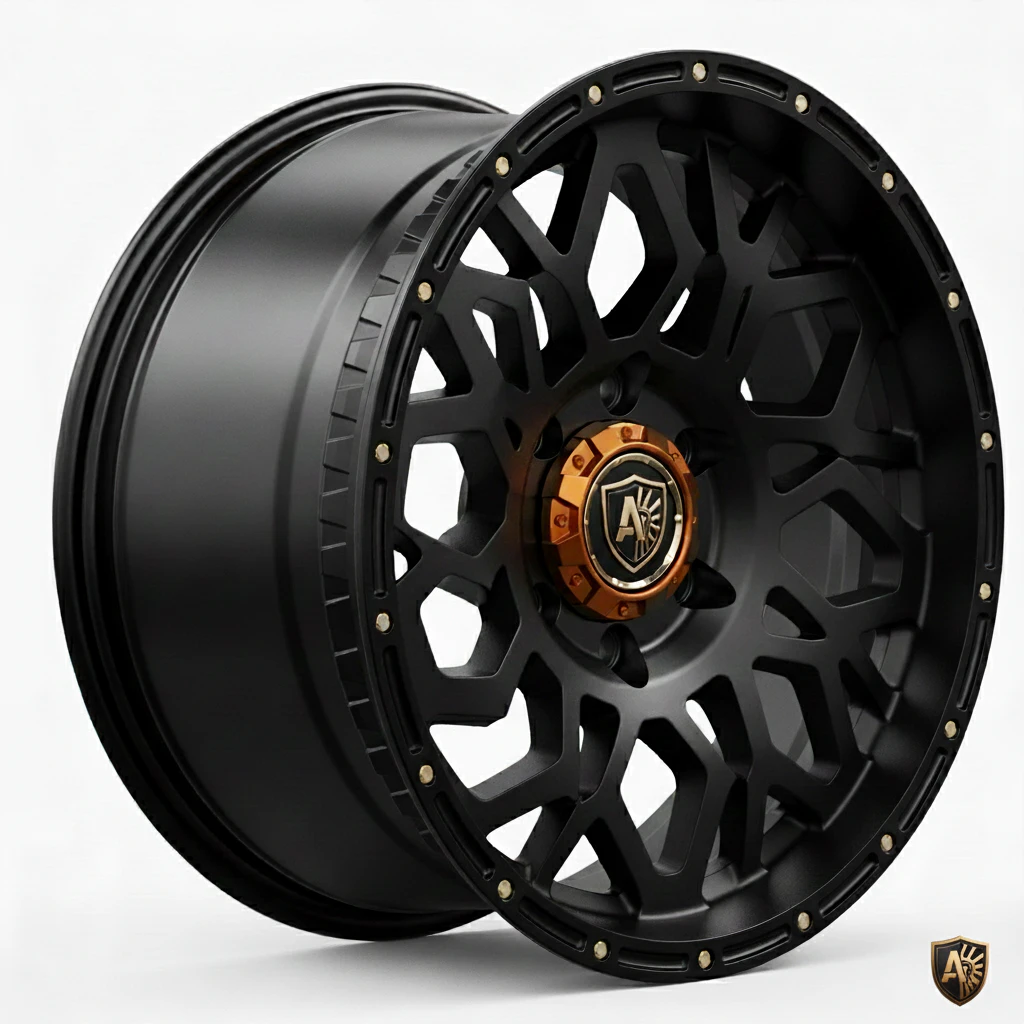Sleek black car wheel rim with intricate design and bronze accents, perfect for customizing vehicles.