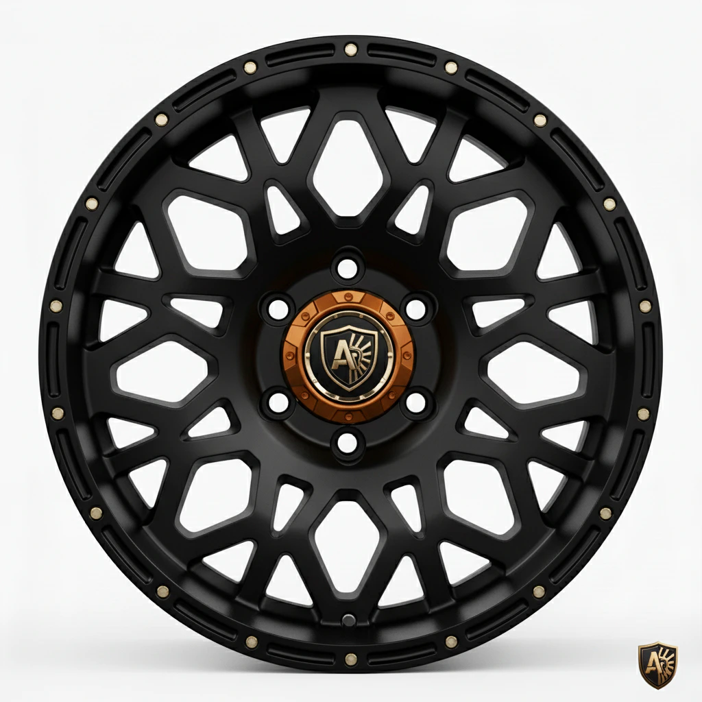 Black alloy wheel with intricate design and bronze accents, perfect for enhancing vehicle aesthetics and performance.