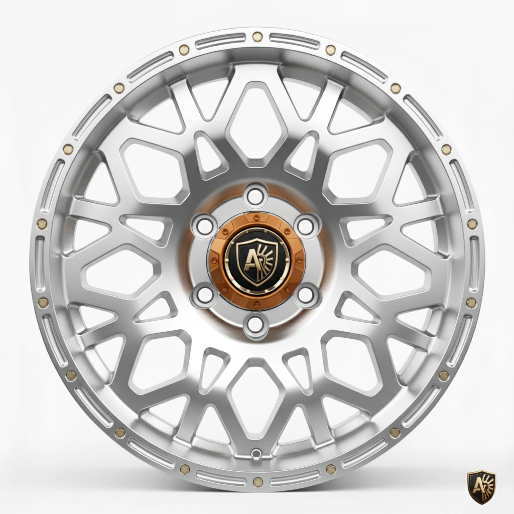 Intricate silver alloy wheel with gold accents and logo at center on a clean white background.
