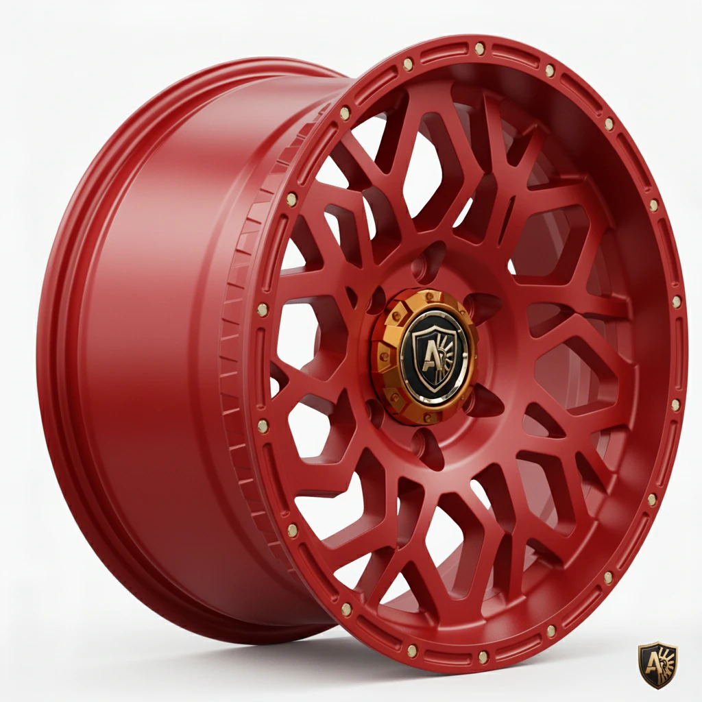 Red custom alloy wheel rim with intricate geometric design and gold center cap featuring a logo.