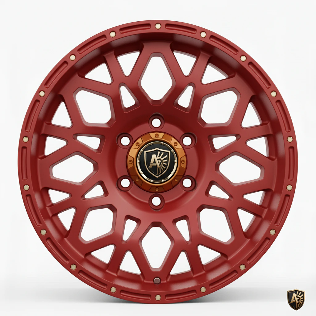Red alloy wheel with unique geometric design and gold accents, set on a white background.