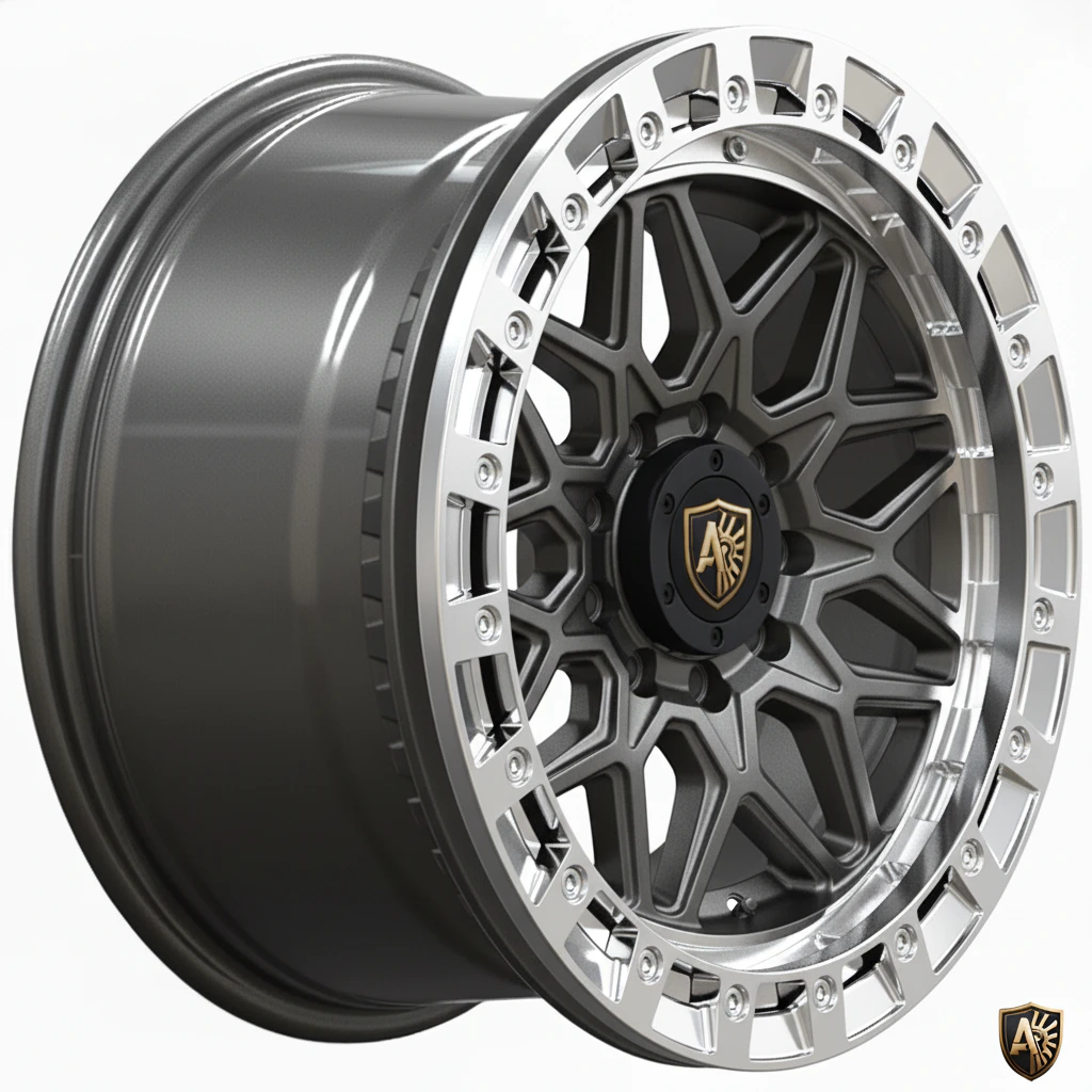 Stylish black alloy wheel with a silver rim and intricate spoke design.