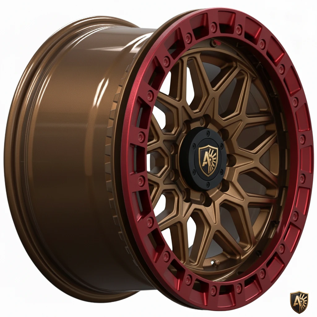 Bronze and red alloy wheel with intricate design and branded center cap, angled side view.