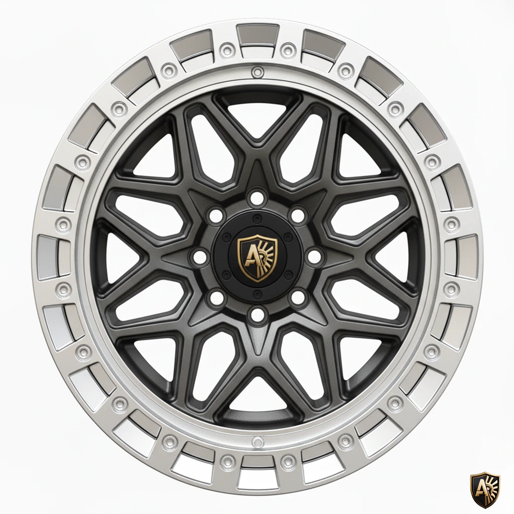 Stylish geometric alloy wheel with intricate design, showcasing a metallic finish and elegant central logo.