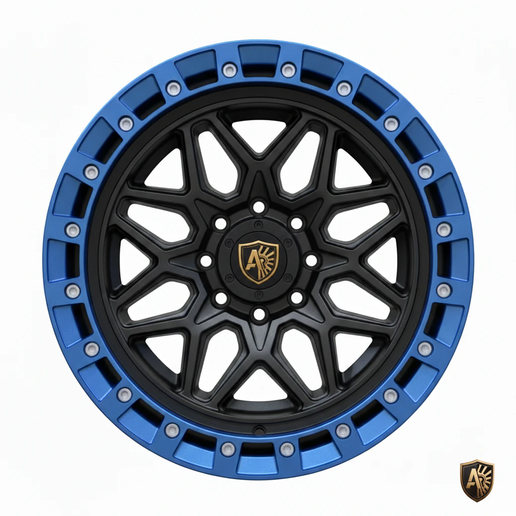 Stylish black and blue car wheel rim with intricate design and distinctive logo in center.