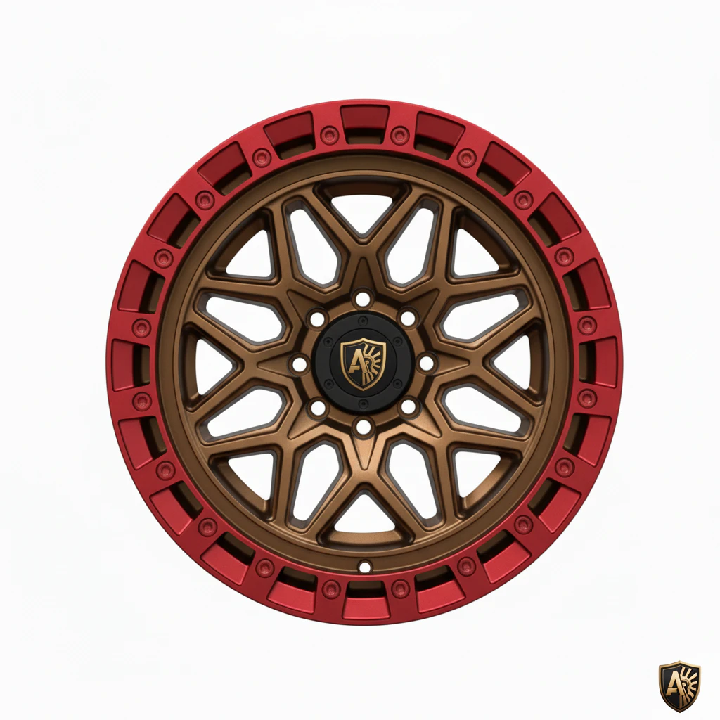 Stylish bronze and red alloy wheel rim with intricate design and branded center cap.