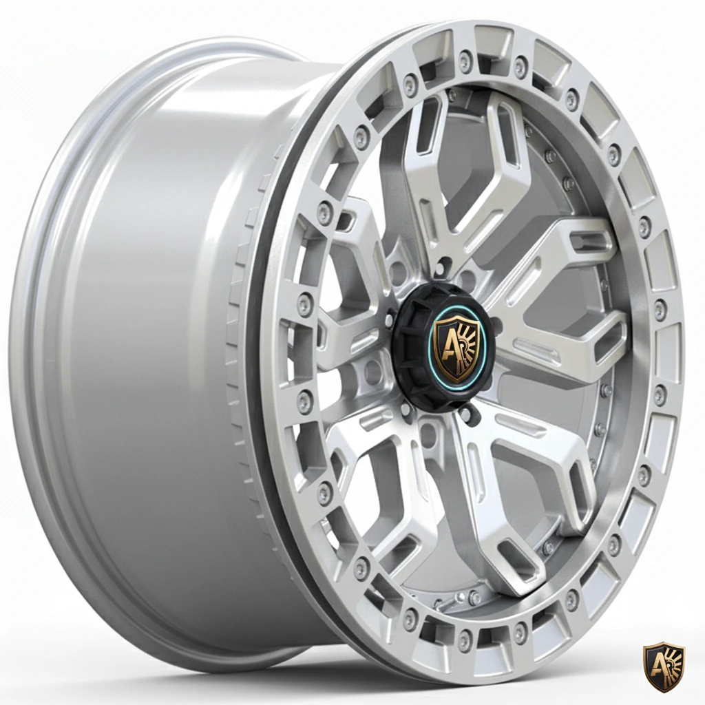 Silver off-road alloy wheel with intricate design and center logo on a white background.