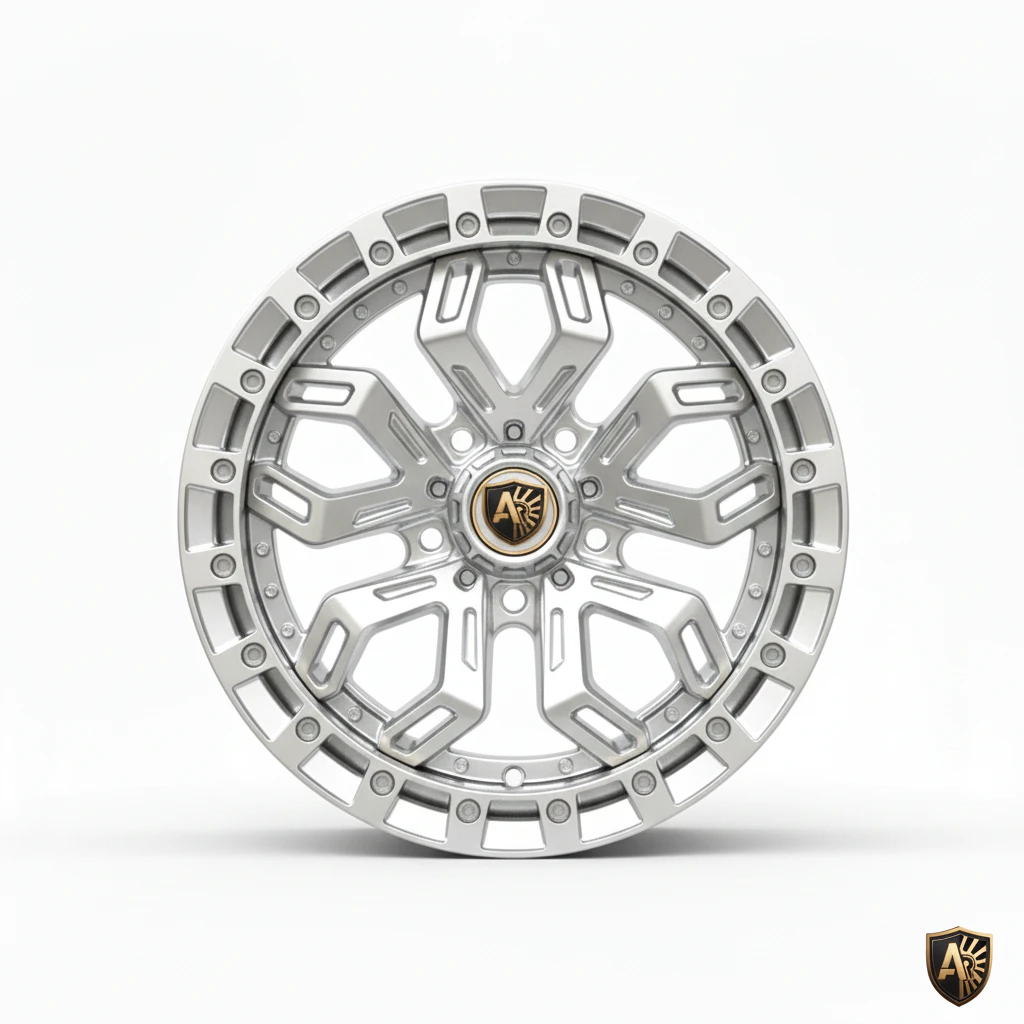 Stylish silver car rim with intricate geometric design and gold logo center on white background.