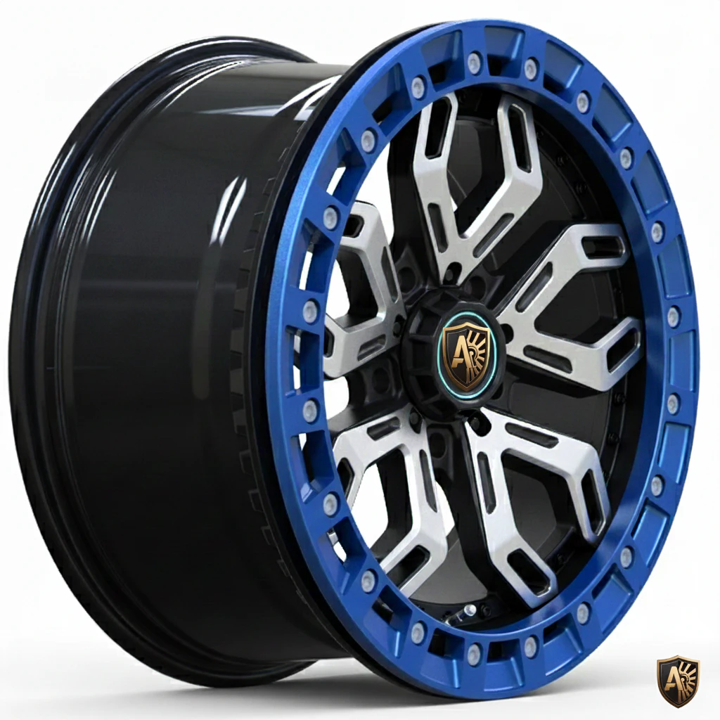 Sleek black alloy wheel with bold blue and silver design, showcasing the Auto Revolution logo at the center.