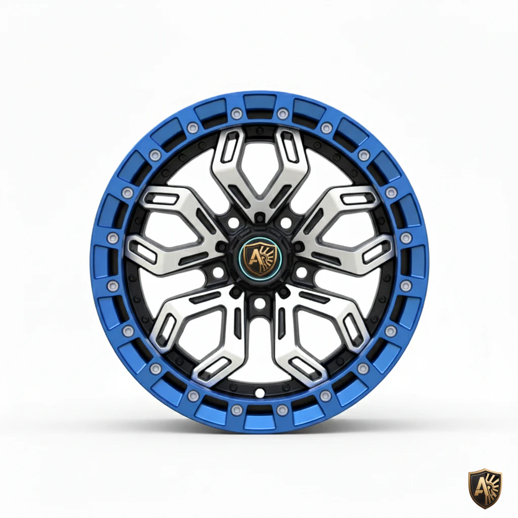 Stylish car wheel with unique blue and silver design, featuring a modern geometric pattern and central emblem.