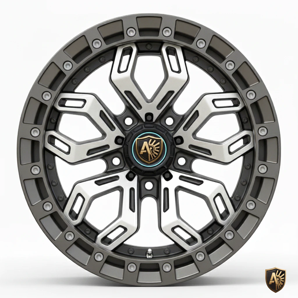 Intricate alloy wheel design with black and silver accents, featuring a central AR emblem and unique spoke pattern.