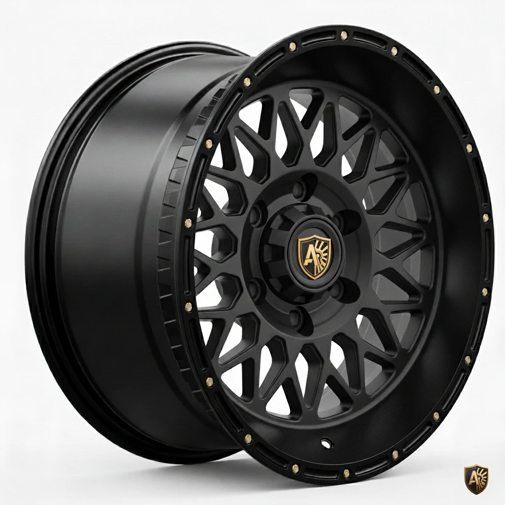 Stylish black alloy wheel with intricate design and gold accents, showcasing modern automotive aesthetics.