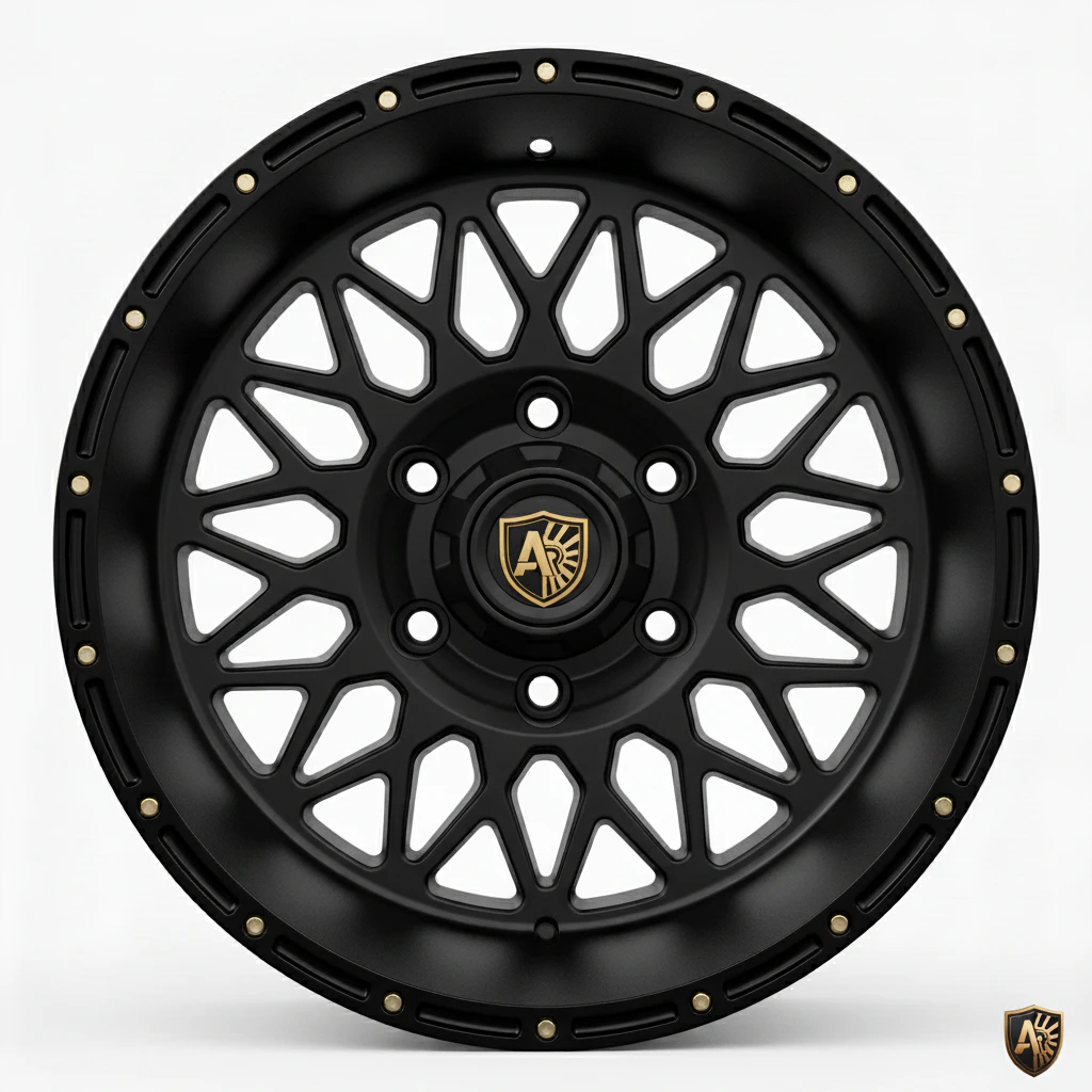 Black alloy wheel with intricate design and gold accents, featuring a logo in the center on a white background.