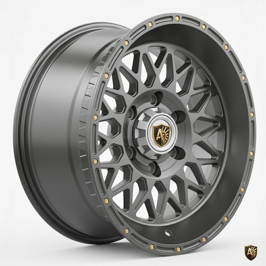 Sleek alloy wheel with a mesh design and metallic finish from AlphaRex, featuring gold accents and a branded center cap.
