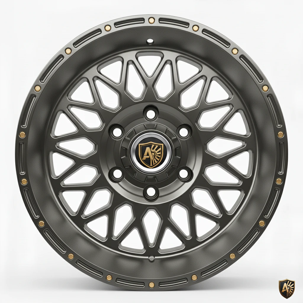 Matte black alloy wheel with intricate design and gold accents, featuring an AR branded center cap.