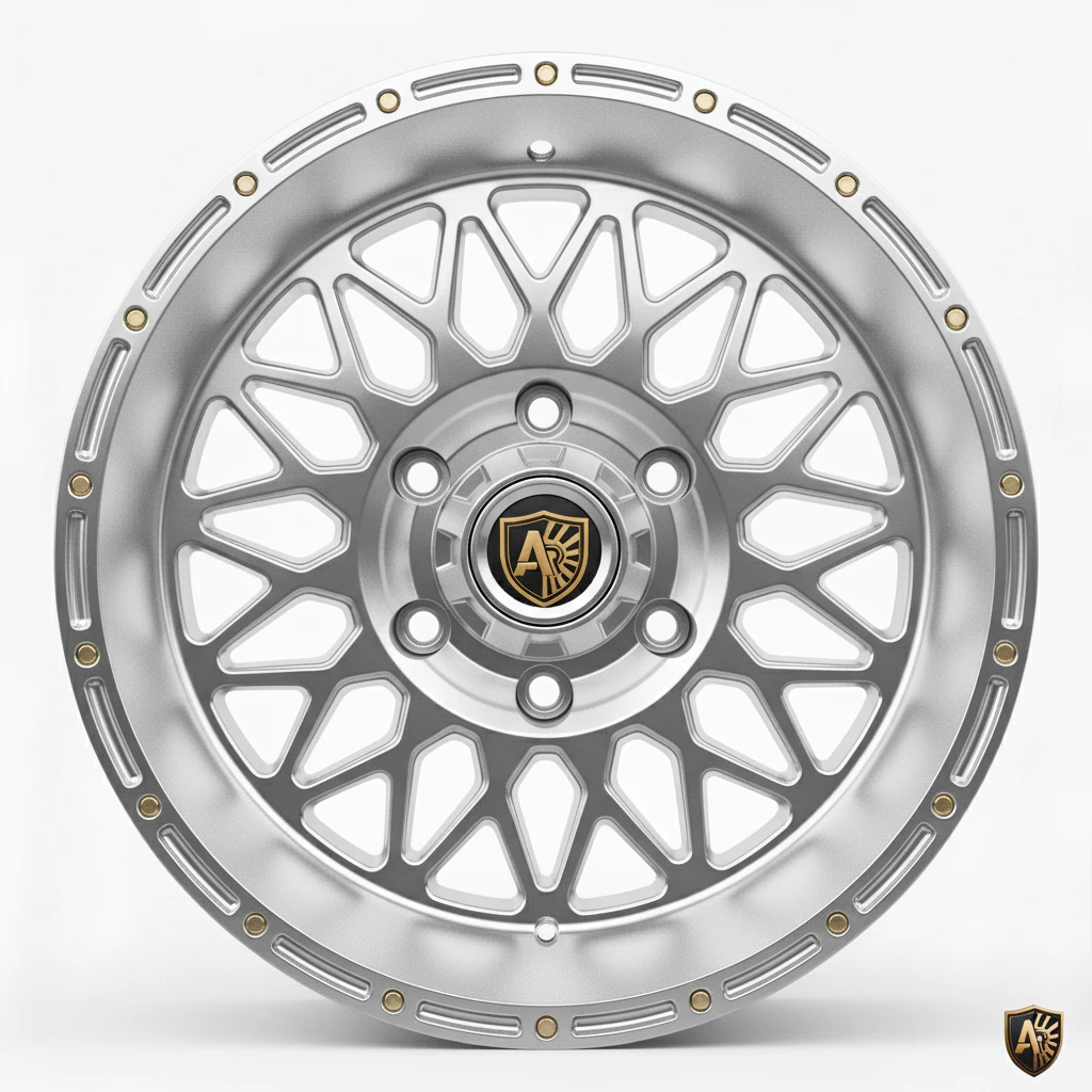 Stylish silver car wheel rim with intricate design and gold accents on white background.