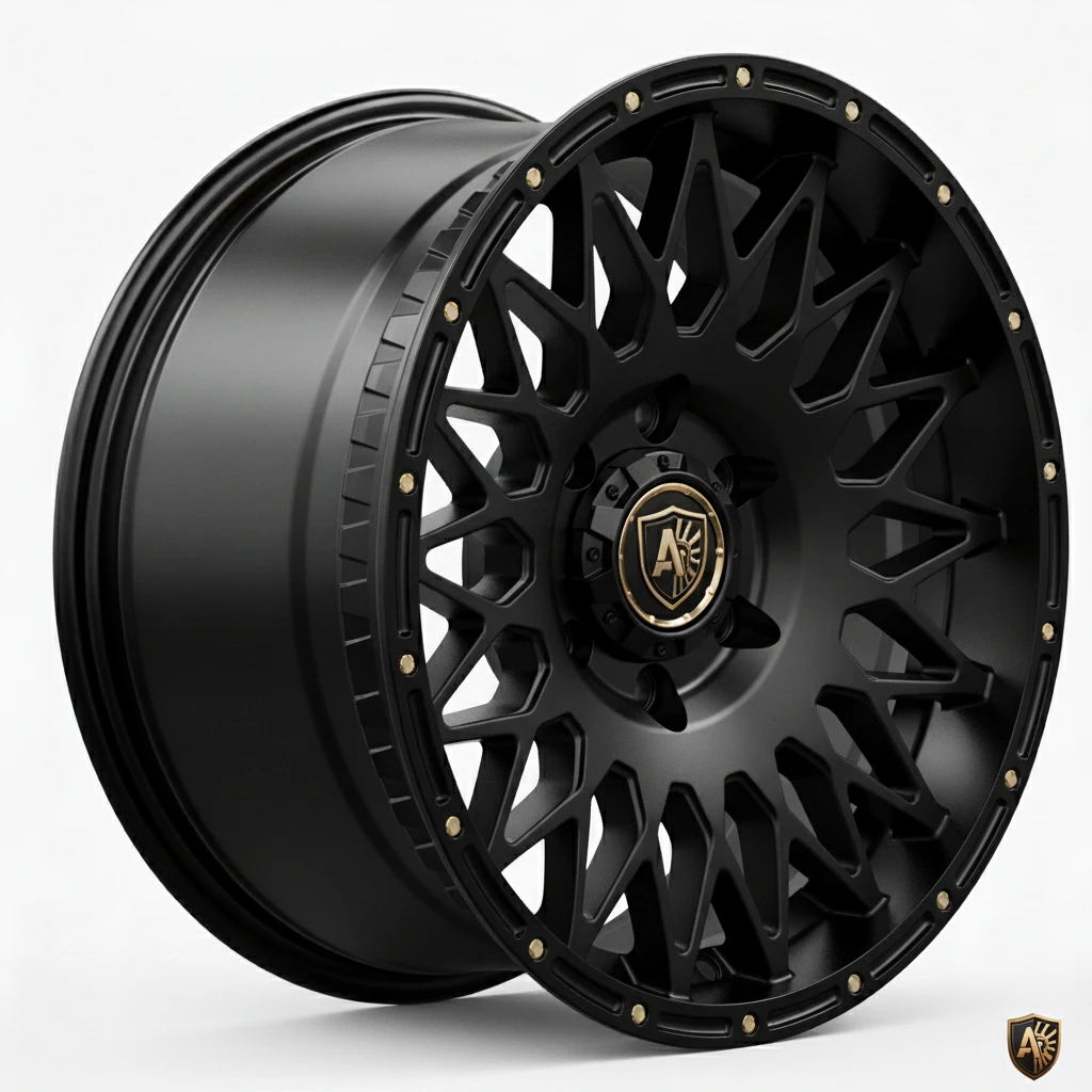 Matte black alloy wheel with intricate pattern and gold accents. Car rim with unique design optimized for performance.