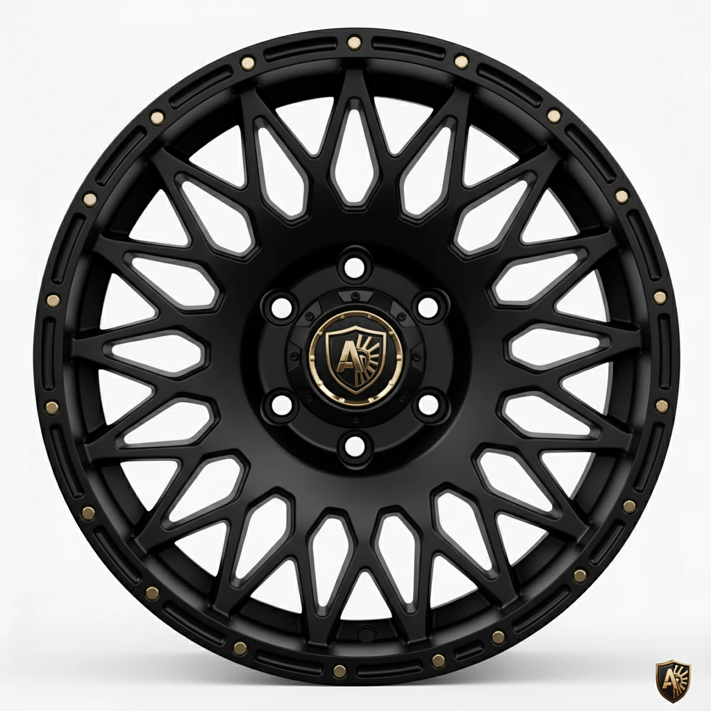 Stylish black automotive wheel with a geometric spoke design and logo in the center against a white background.