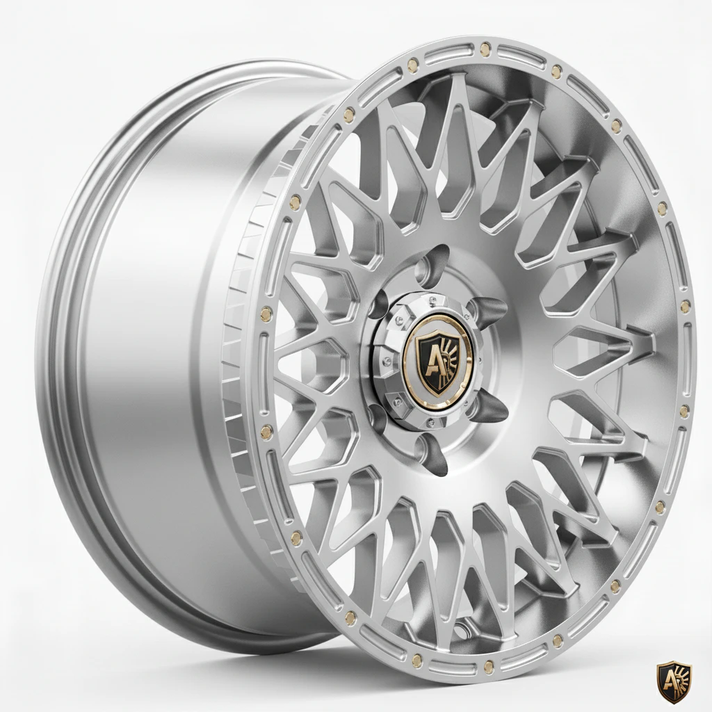 Sleek silver custom alloy wheel with intricate design and logo, perfect for enhancing vehicle aesthetics.