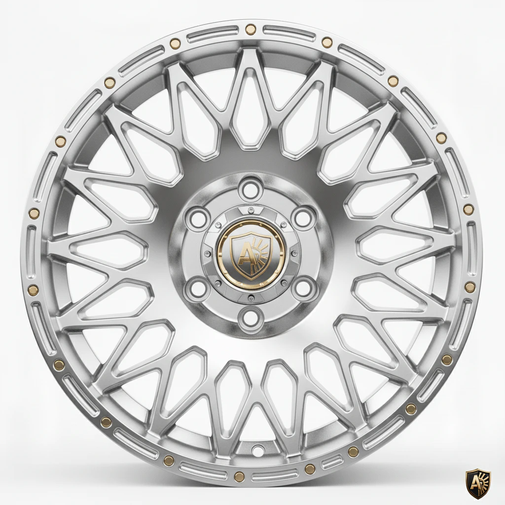Close-up of a stylish silver alloy wheel with an intricate multi-spoke design and gold accents, ideal for luxury vehicles.