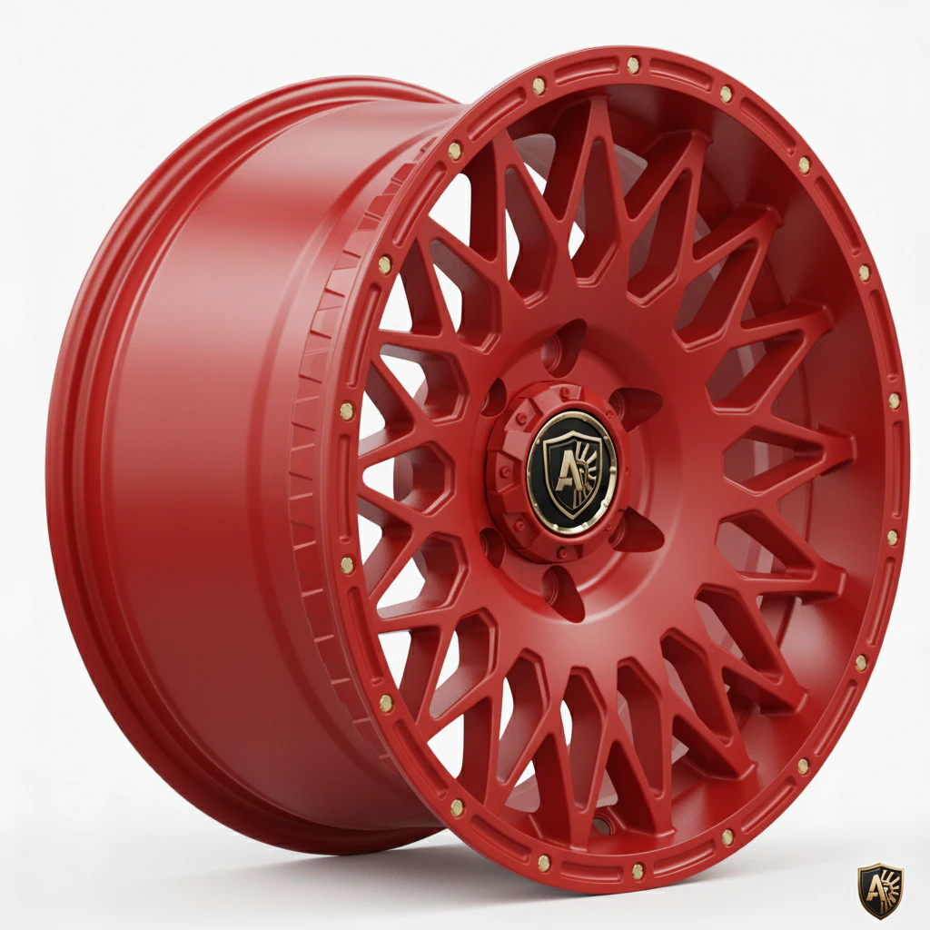 Red alloy wheel rim with intricate star pattern design and a branded center cap, ideal for custom car enthusiasts.