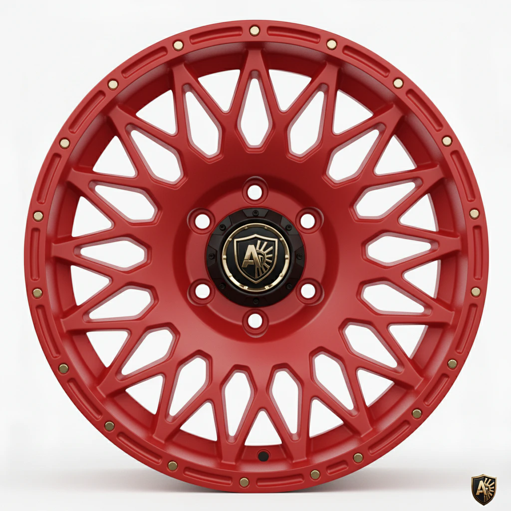 Red, intricately designed car wheel rim with stylish pattern and bolted details, highlighted against a white background.