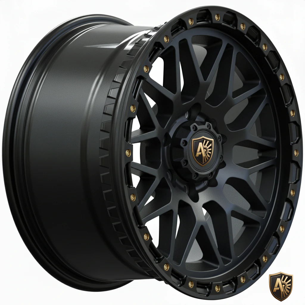 Black alloy wheel with a unique geometric design and a center emblem, featuring a matte finish and gold accents.