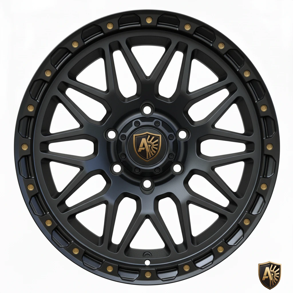 Stylish black alloy wheel with intricate spoke design and logo, perfect for enhancing vehicle aesthetics.