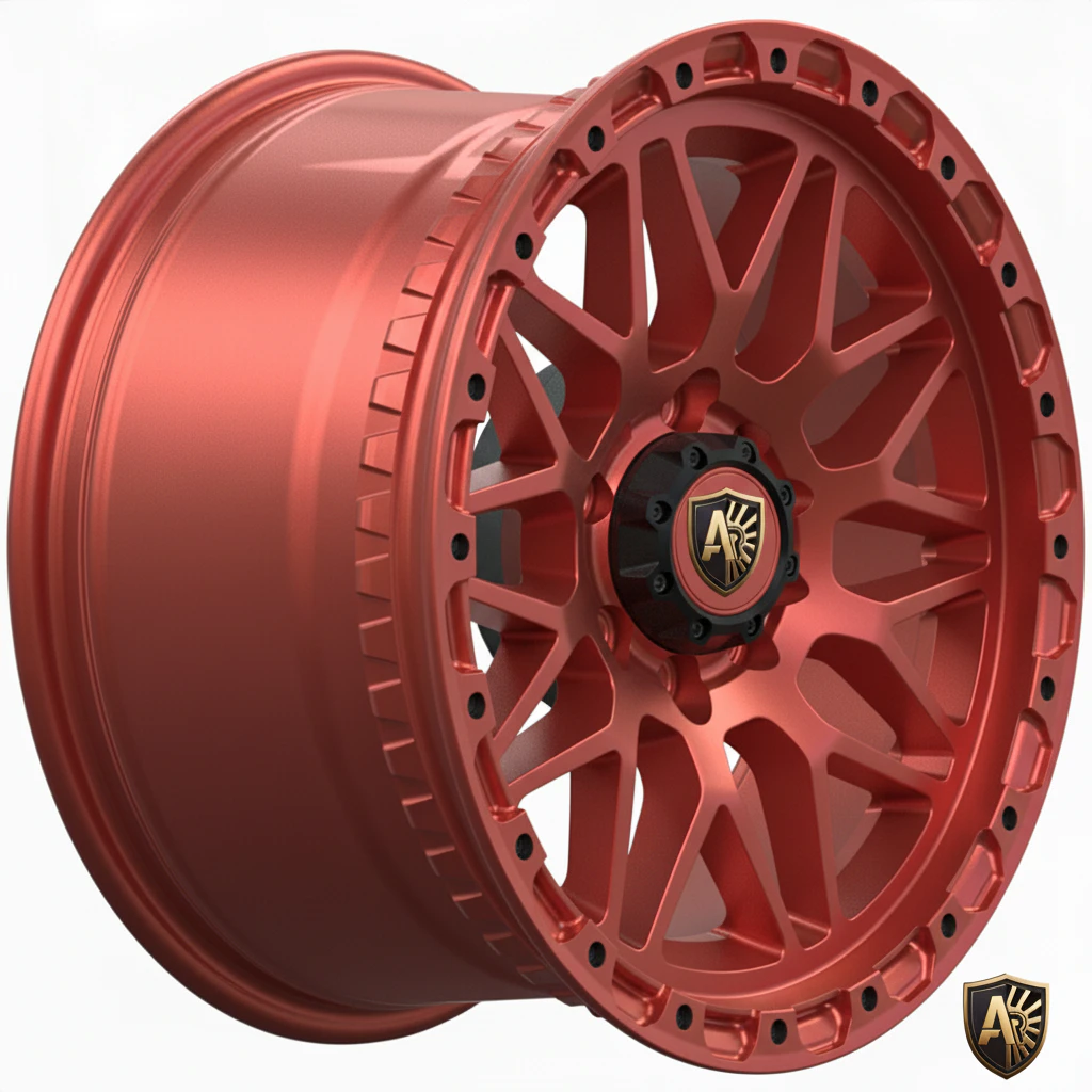 Red alloy wheel with intricate design and black center, featuring ARE logo. Perfect for enhancing vehicle aesthetics.