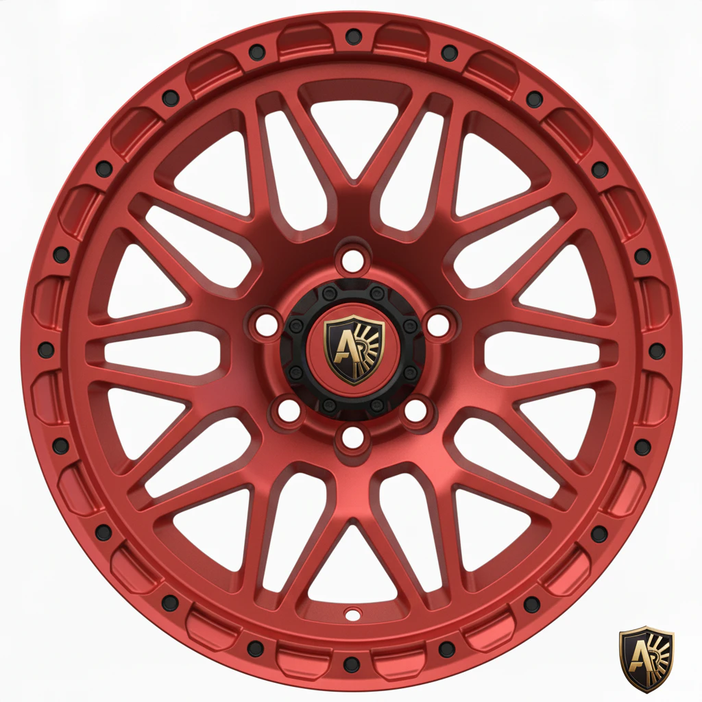 Red alloy wheel rim with intricate spoke pattern and black center cap, featuring a stylish logo design.