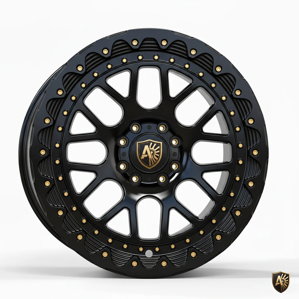 Black alloy wheel with intricate design, featuring AR logo and gold rivets, on a white background.
