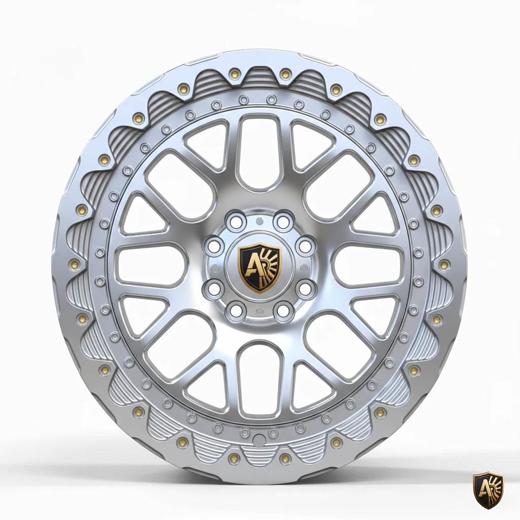 Sleek silver wheel rim design with intricate details and emblem logo on white background.