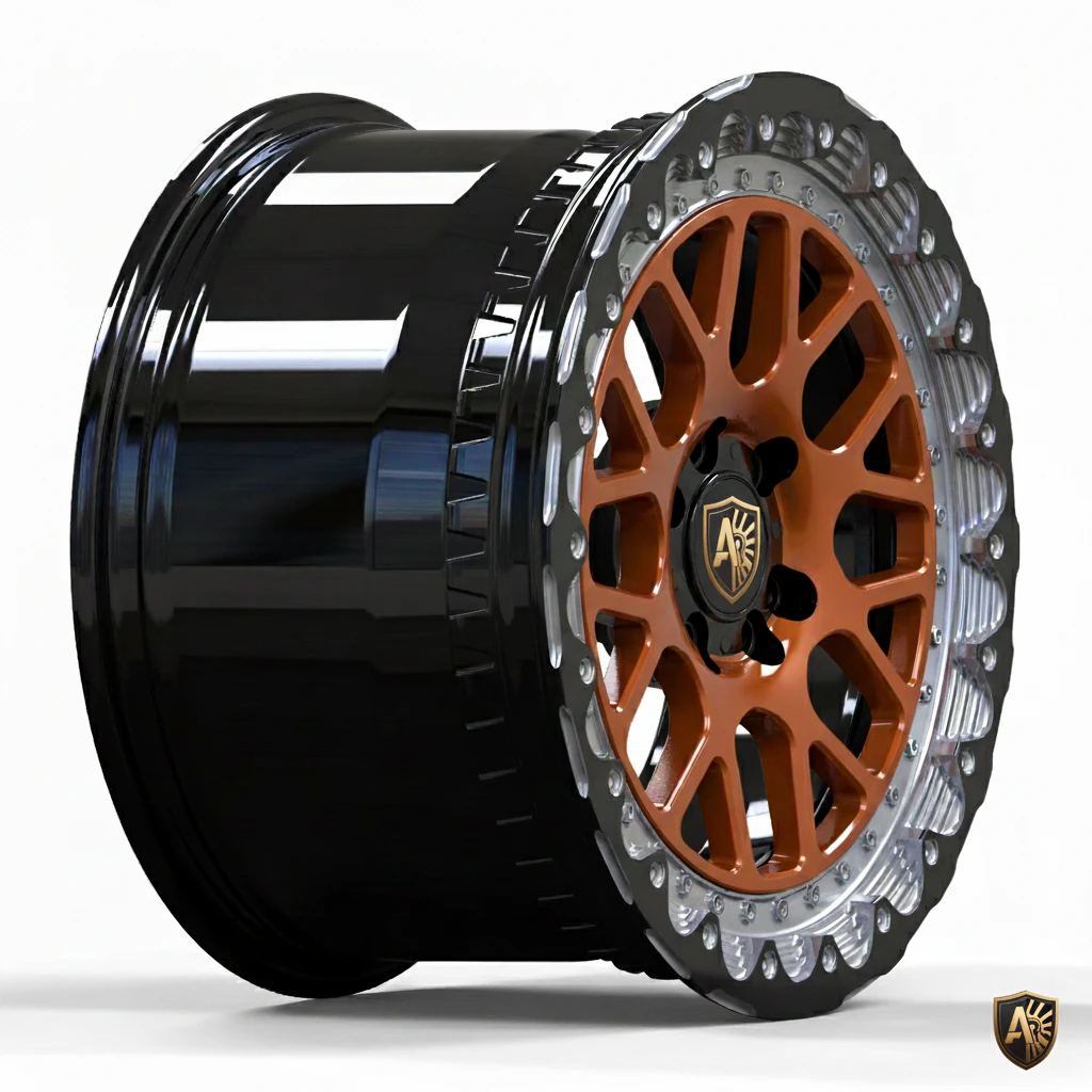 Stylish black and orange alloy wheel rim with intricate design and metallic finish.