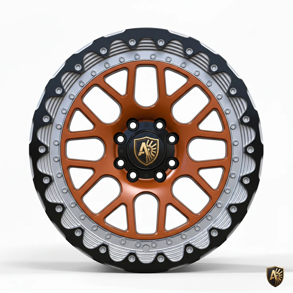 Stylish orange and silver alloy wheel with intricate design and logo at center, perfect for cars and bikes.