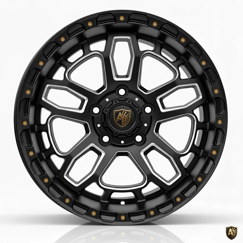 Black alloy wheel with intricate multi-spoke design, featuring gold accent bolts, on a white background.