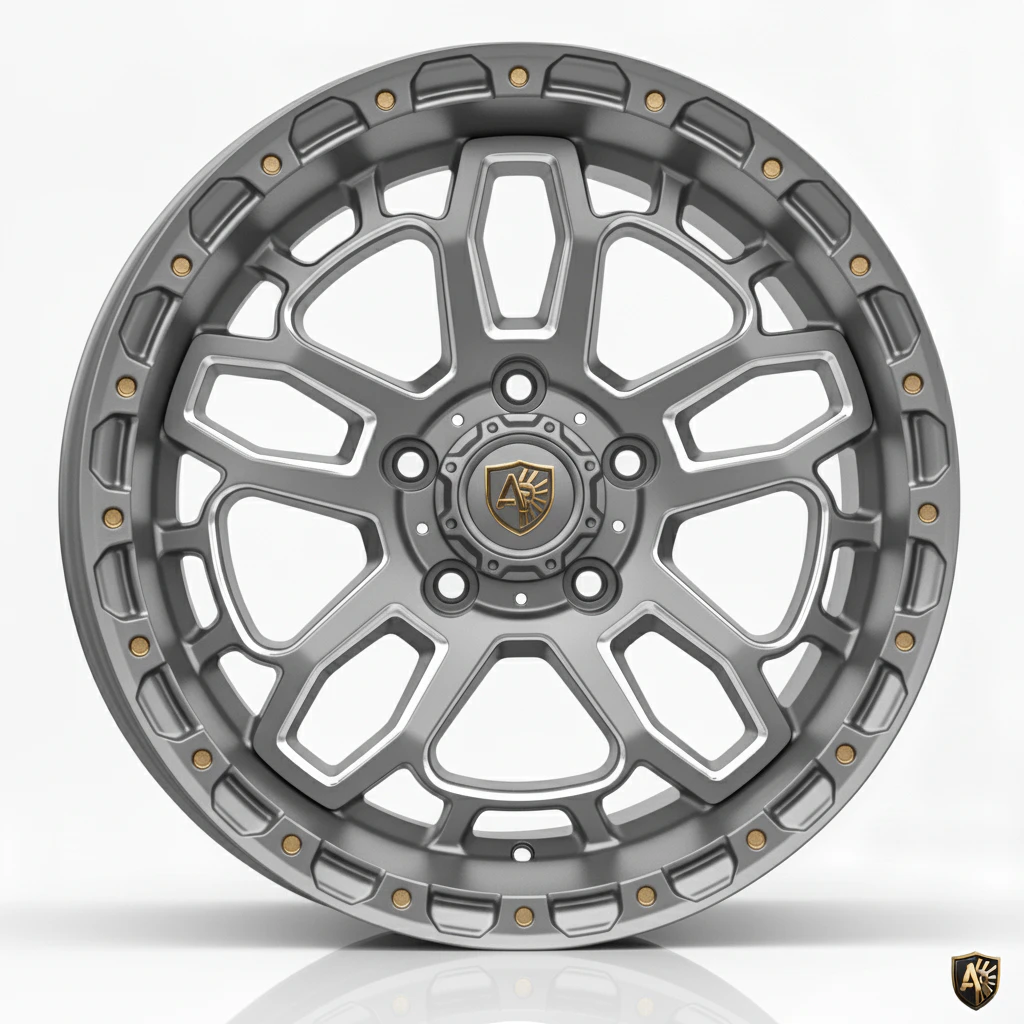 Stylish gray alloy wheel with intricate spoke design and detailed rim, perfect for enhancing car aesthetics.