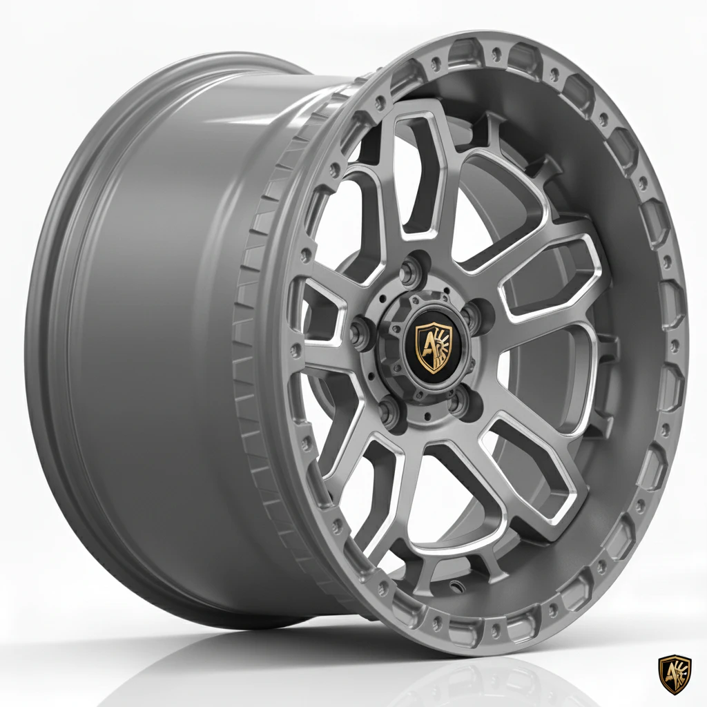Gray alloy car wheel rim with intricate, modern design and Ares emblem on a white background.