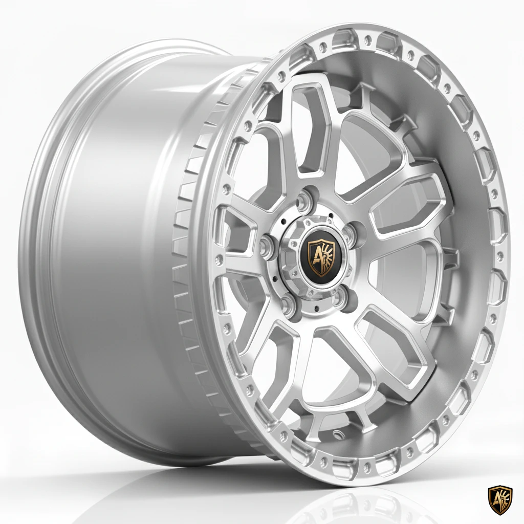 Sleek silver alloy wheel with intricate design and logo, perfect for enhancing vehicle style and performance.