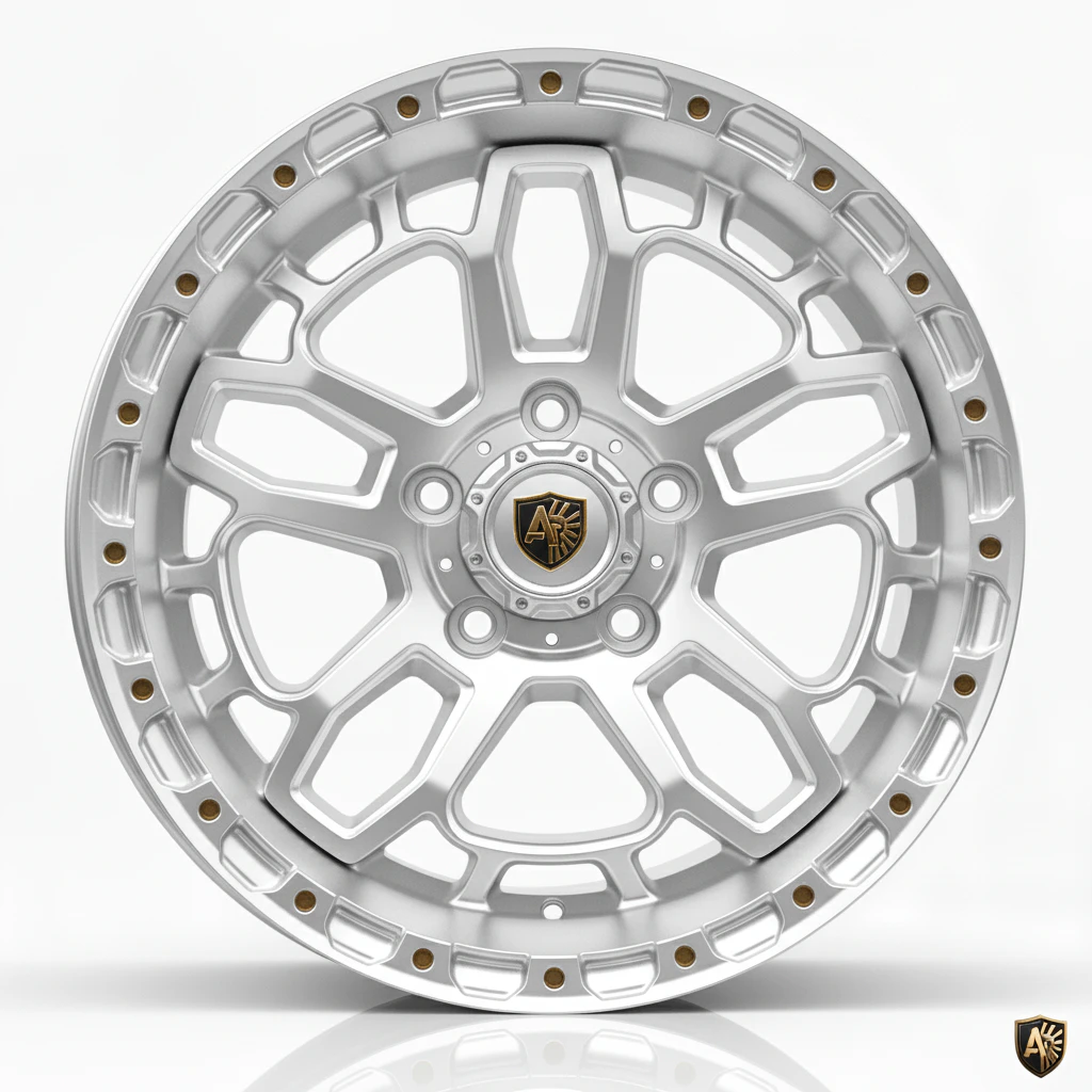 Silver alloy wheel with intricate design and gold accents, showcasing luxury automotive styling.