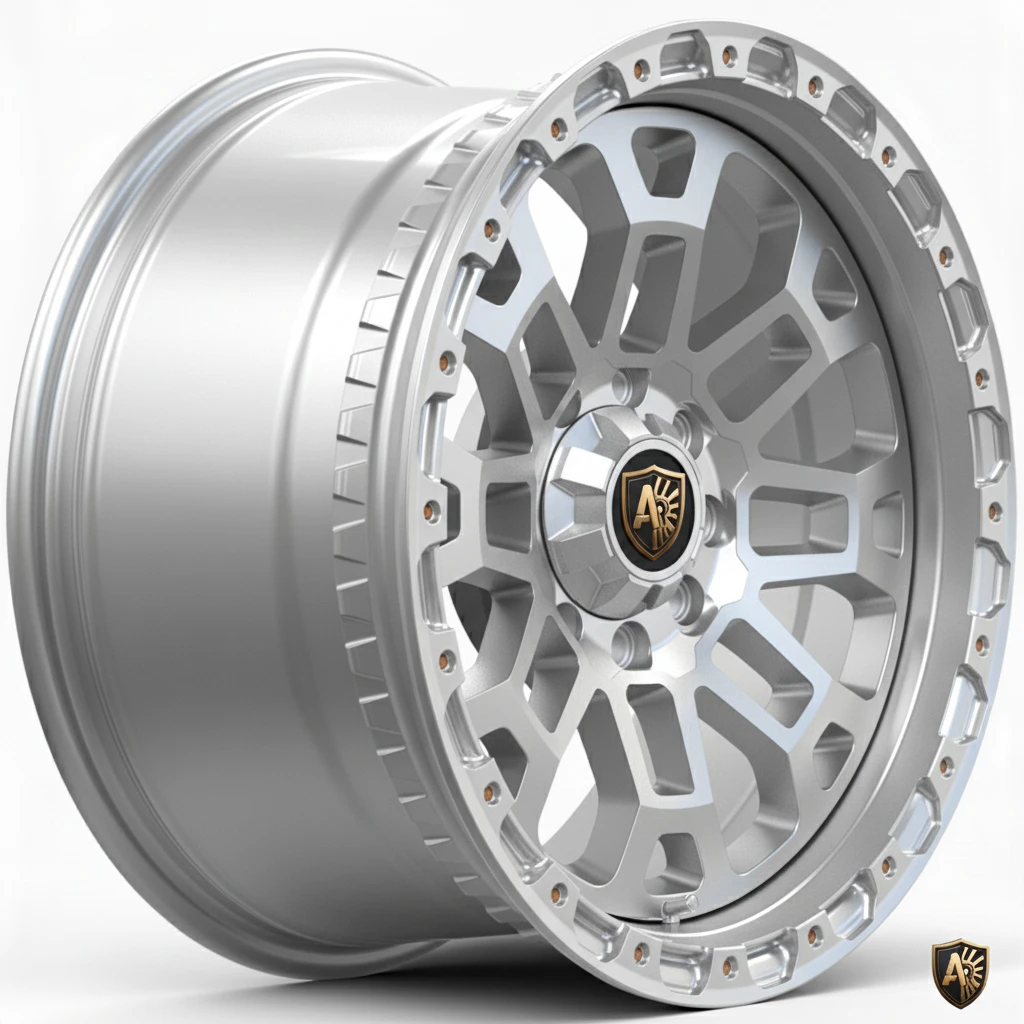 Silver alloy wheel with unique geometric design and branded center cap, suited for high-performance vehicles.
