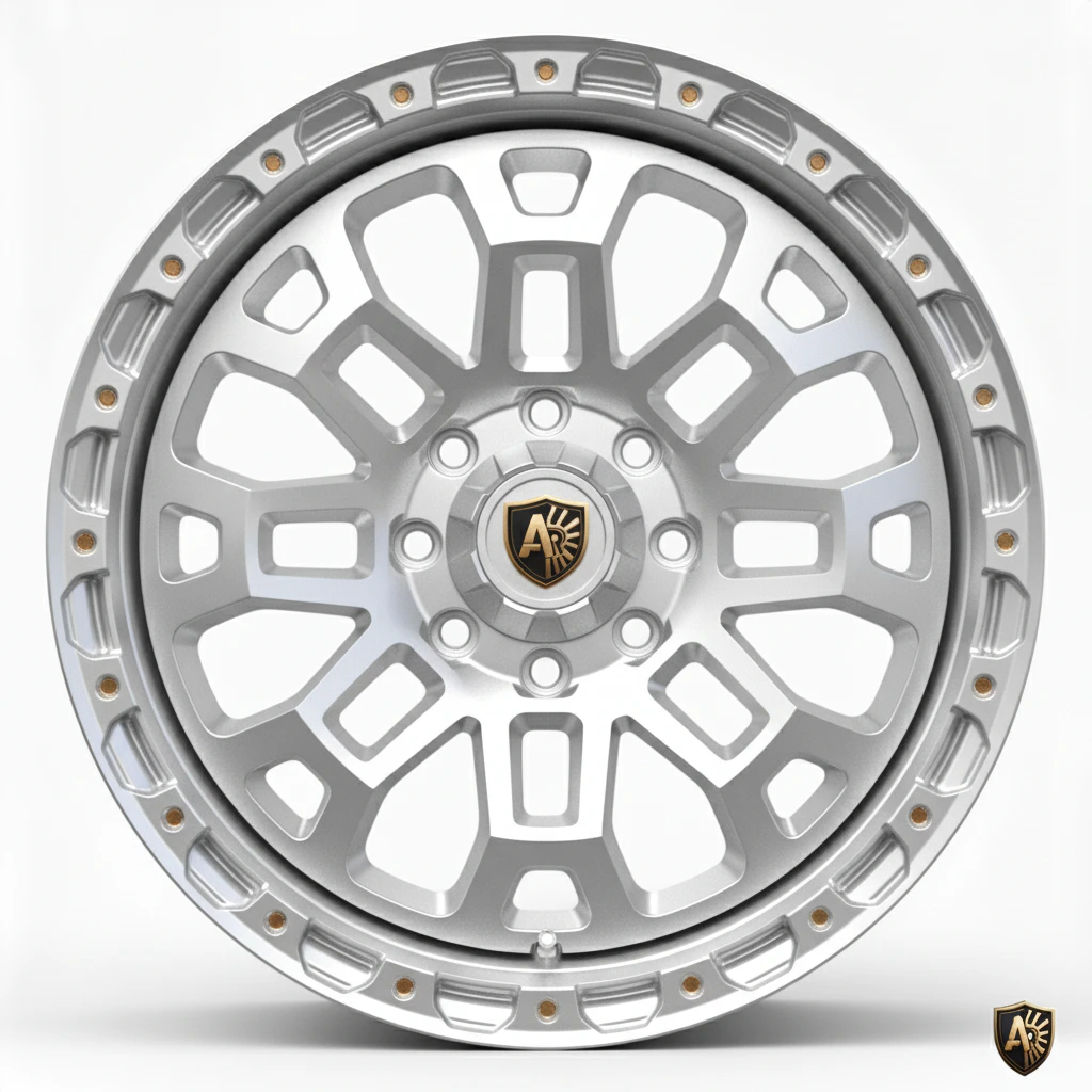 Silver alloy car wheel rim with intricate geometric design and AR logo in the center.