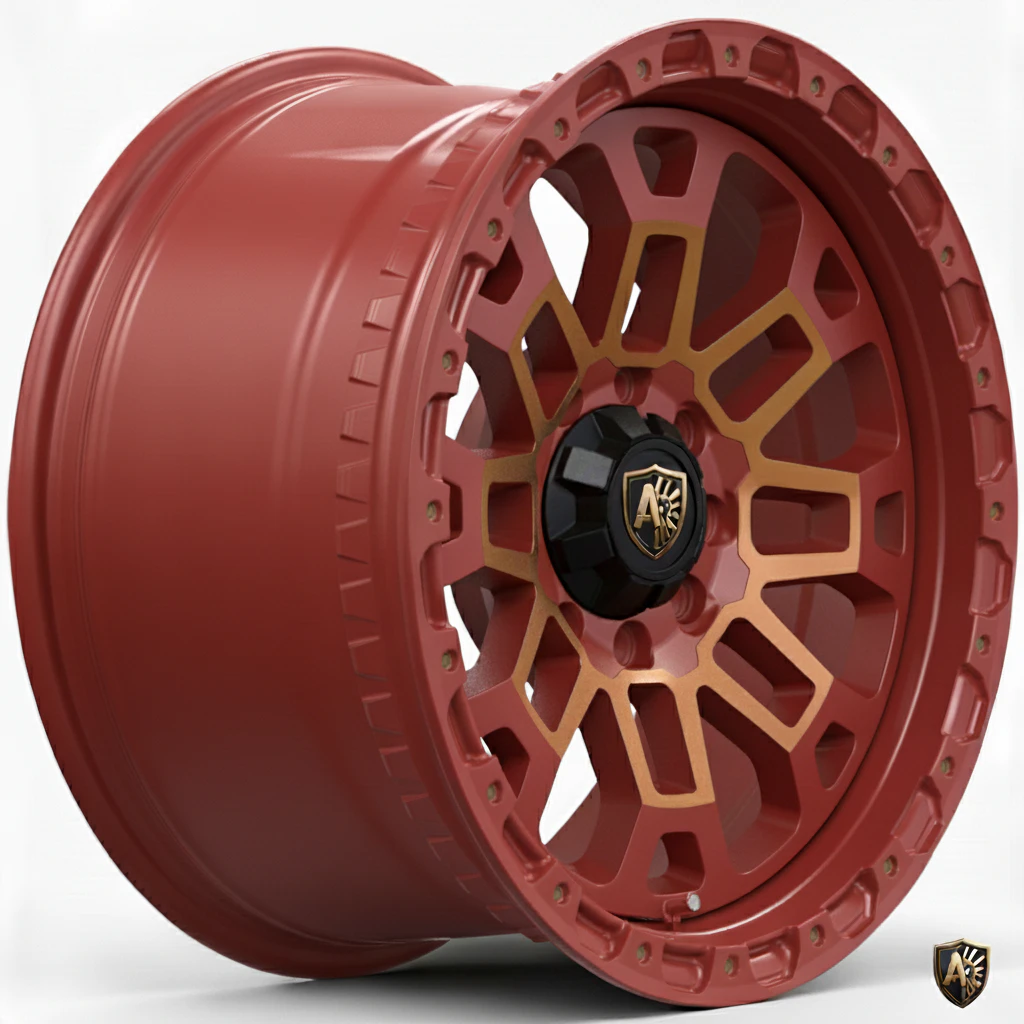 Red and gold car alloy wheel with intricate spoke design, featuring a central black cap with a logo.