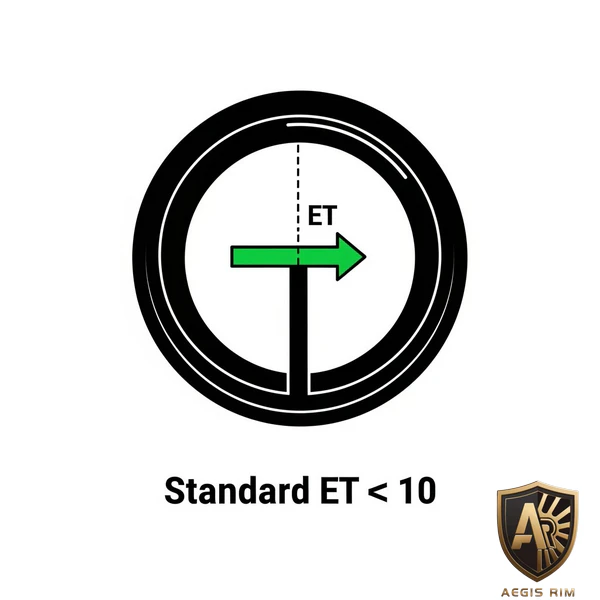 Diagram showing wheel offset with green arrow labeled ET, standard ET under 10, Aegis Rim logo in corner.