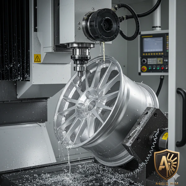 CNC machine milling a silver alloy wheel with precision, highlighting advanced manufacturing technology in action.