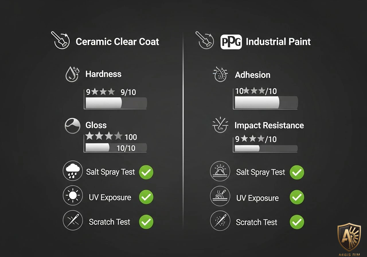 Coating performance infographic comparing ceramic clear coat and PPG AkzoNobel 2K paint durability test results