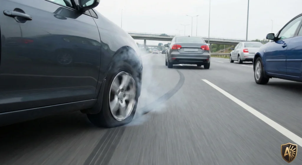 A car on a highway experiencing a sudden tire blowout, with smoke coming from the wheel and a skid mark on the road, illustrating the immediate loss of control.